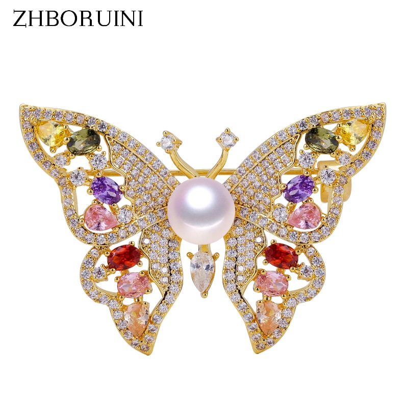 ZHBORUINI Feine Schmuck Natürliche Süßwasser Perle Brosche Jahrgang Schmetterling Brosche Stifte Perle Schmuck Frauen Dekoration