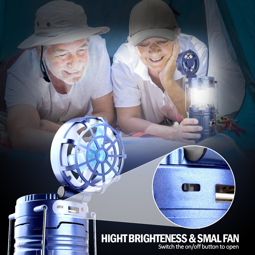 T-sunrise led campingbelysning utomhustält campinglykta hopfällbar solficklampa lampa med mini fläktlinje uppladdningsbar
