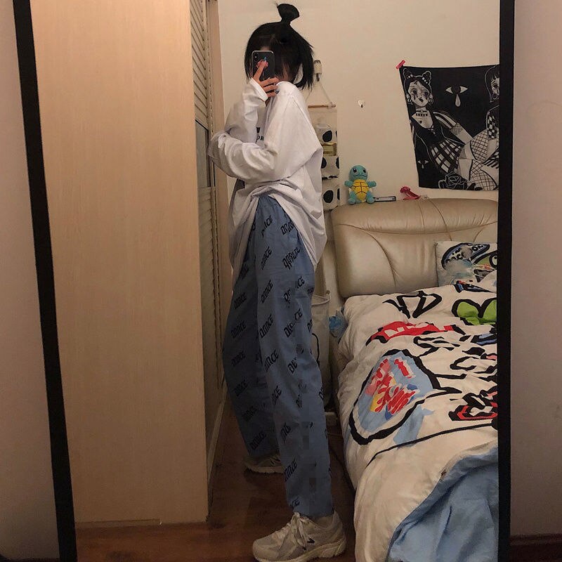 Houzhou oversize print brede ben bukser kvinder koreansk street style blå joggerbukser kvinde harajuku jogging joggingbukser