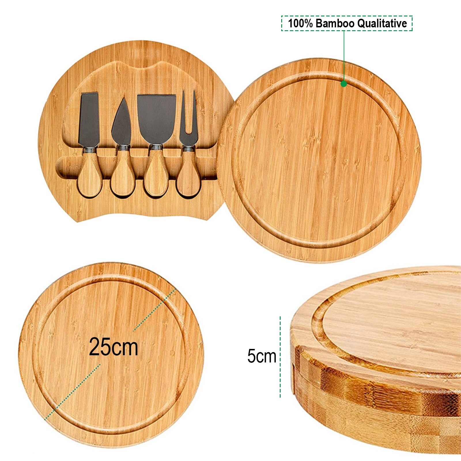 Wooden 10" Bamboo Cheese Board Set Round Cheese Platter Serving Platter Serving Board Charcuterie Platter Cheese Knife Set 원목판