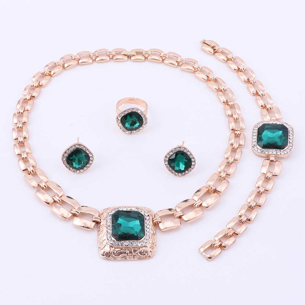 Afrikaanse Kralen Sieraden Sets Voor Vrouwen Jurk Accessoires Goud Kleur Crystal Wedding Bridal Ketting Oorbellen Armband Ring Sets: Green