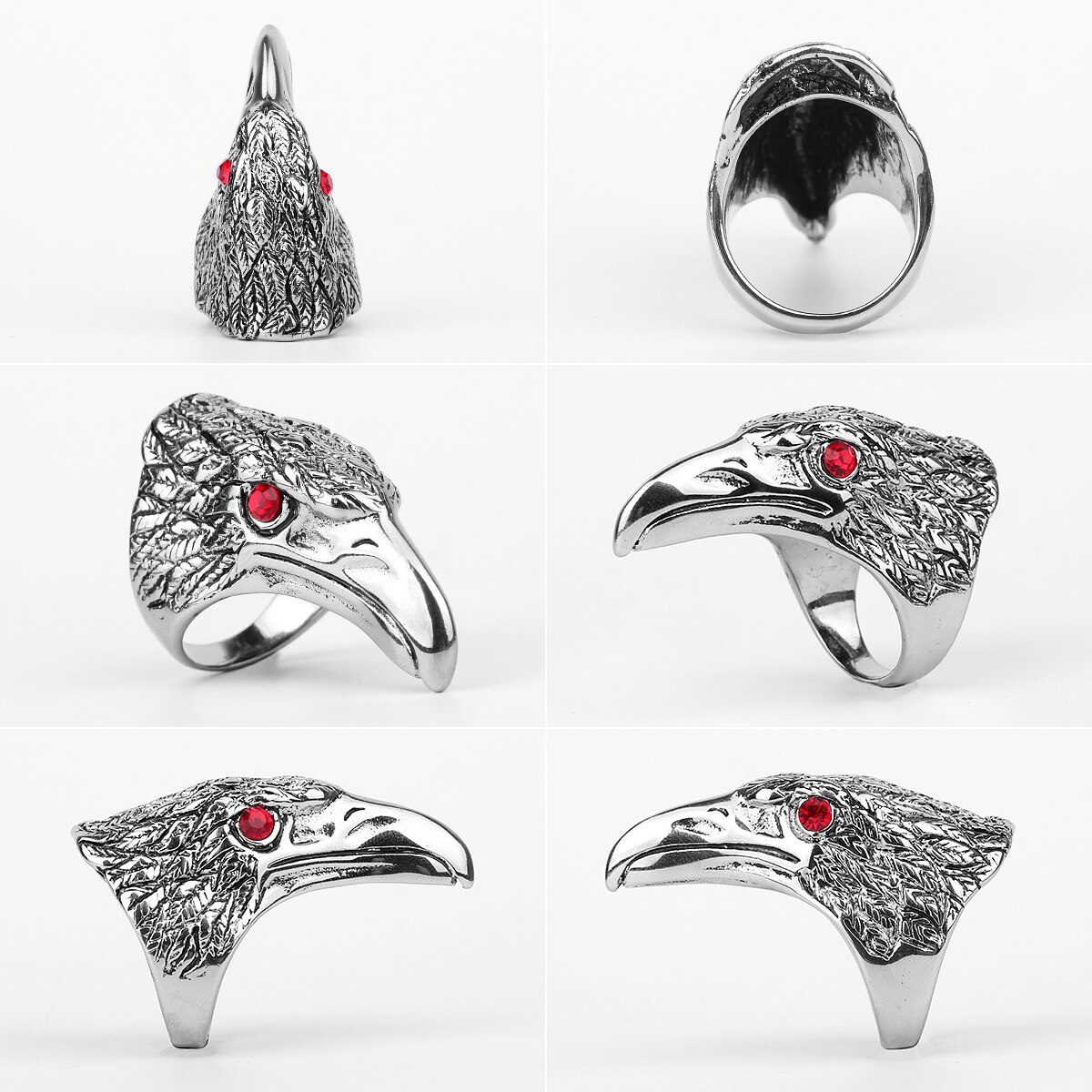 De acero inoxidable hombre anillos Rock Punk Hip Hop Cuervo pájaro cabeza roja de diamantes de imitación de personalidad para hombre niño de joyería de