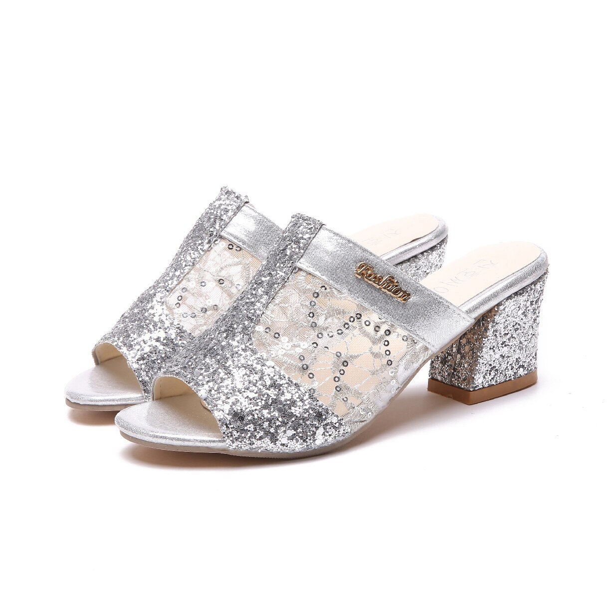 Plus size 34-43 kvinnor skor öppen tå höga klackar tofflor silver bröllopsskor broderi pumps kvinna sandaler zapatos mujer 6322n: Silver- / 12