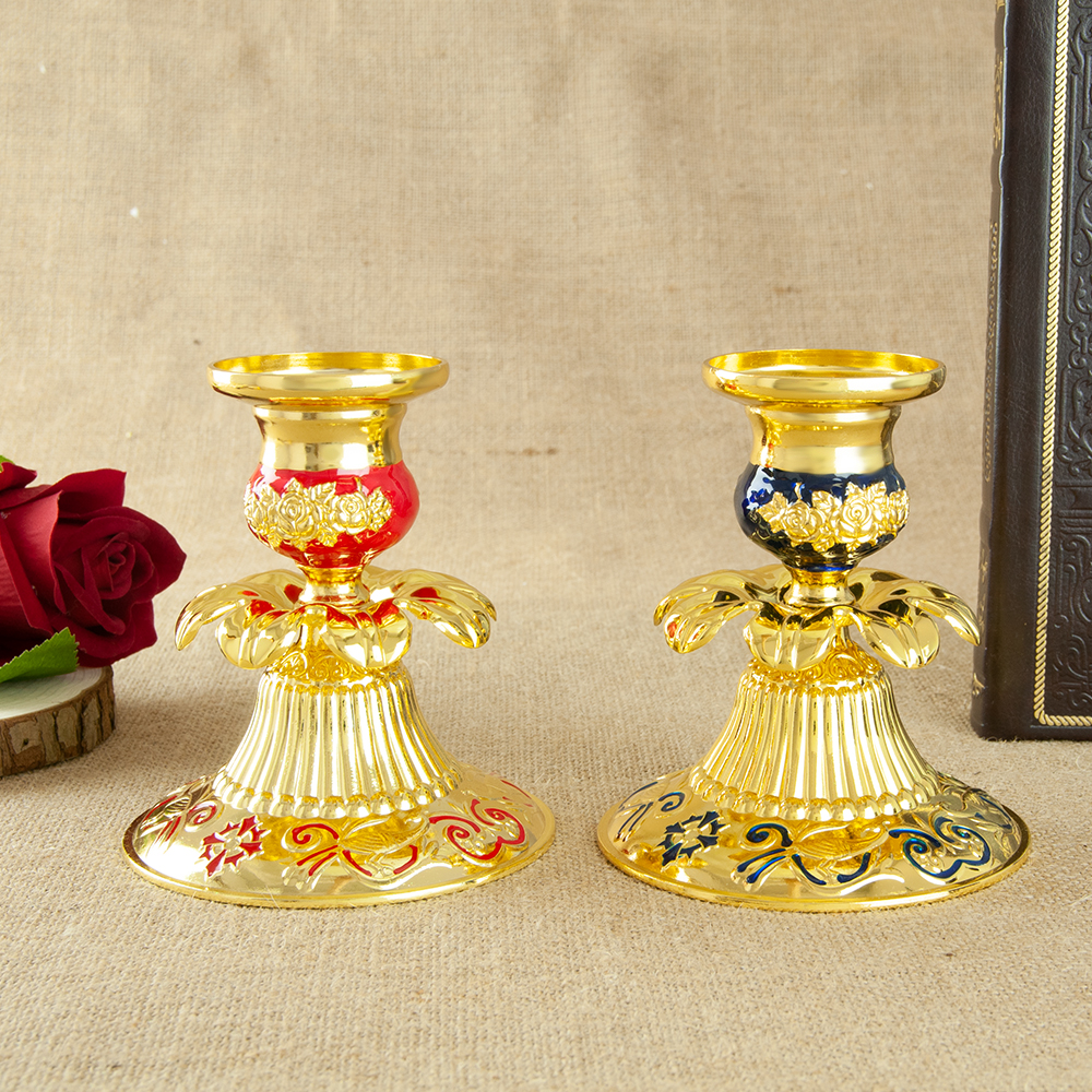 Orthodox Church Candle Holder Gold Plated Single Candlestick with Colored Enamel Religion Church Home Table Easter Decor