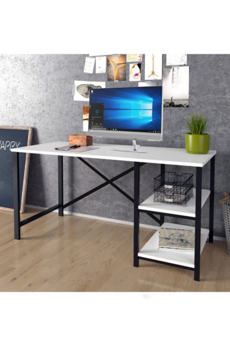 Desk Metal Computer Laptop Desk 2 Shelves Working Office Desk White DC2020