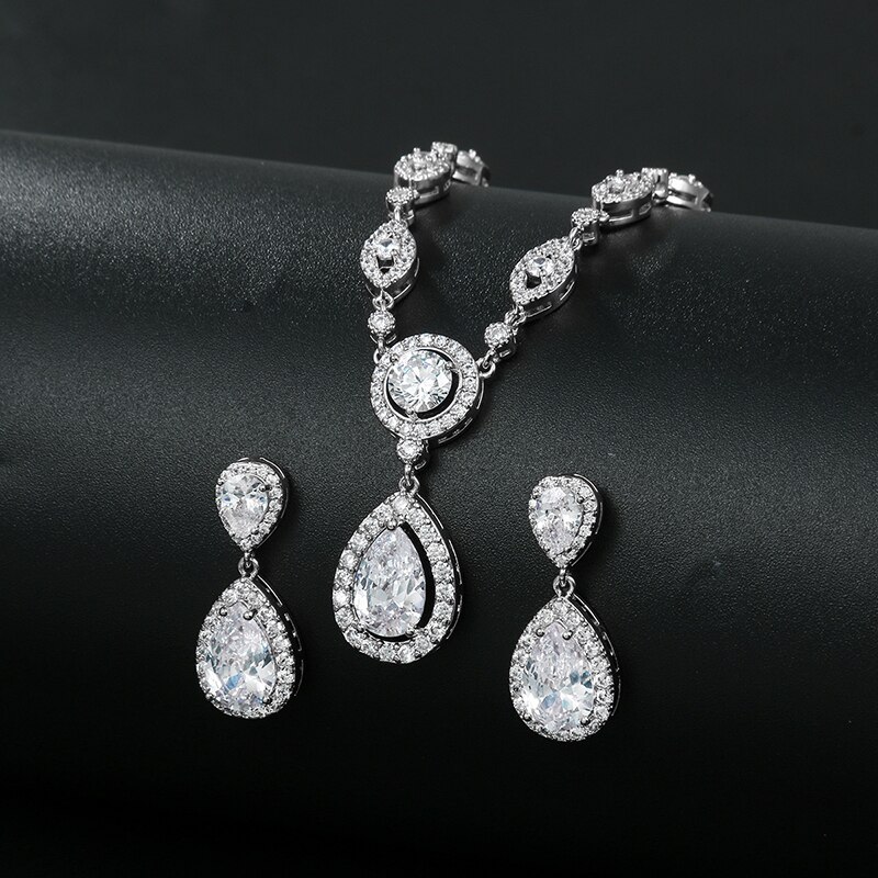 WEIMANJINGDIAN Halo Teardrop and Eye Shape Cubic Zirconia Necklace Earring Wedding Jewelry Set