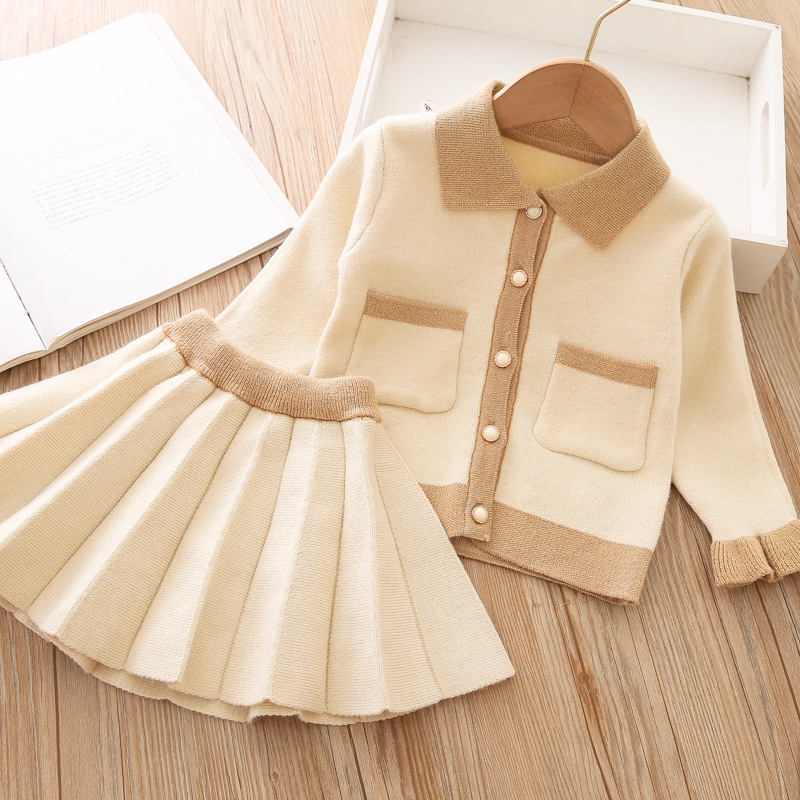 Conjunto de suéter para niña pequeña, Top de manga larga de coreana + Falda plisada, suéter para niña pequeña, ropa de otoño e invierno, novedad de 2022: apricot / 7 años