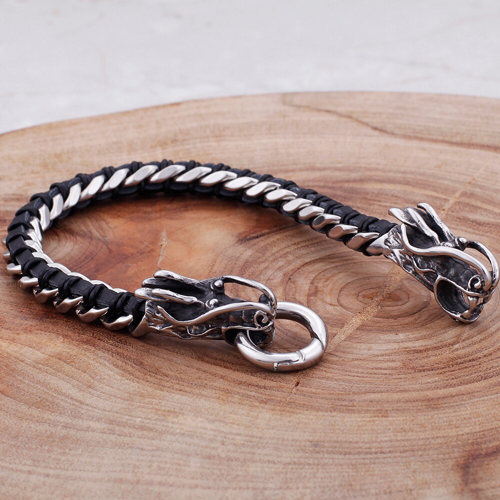 Hip Hop Bike Jewelry Double Dragon Head Charm Bracelet Men Weave Leather & Stainless Steel Mens Bracelets For Husband Man