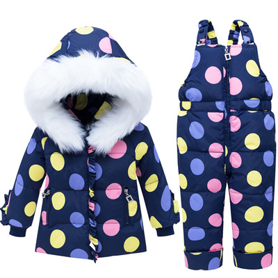 Baby Winter Uitloper Jas Jongens En Meisjes Echte Bontkraag Jas Baby Baby Bandjes Twee Stukken Sneeuw Sets: Blauw / 12m