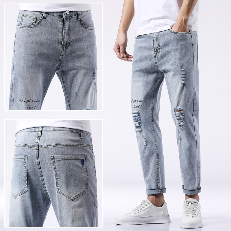 Spring and Summer Men's Ripped Jeans Ankle-length Pencil Pants Men Jeans Male Hip-Hop Trousers Clothes Clothing 3016