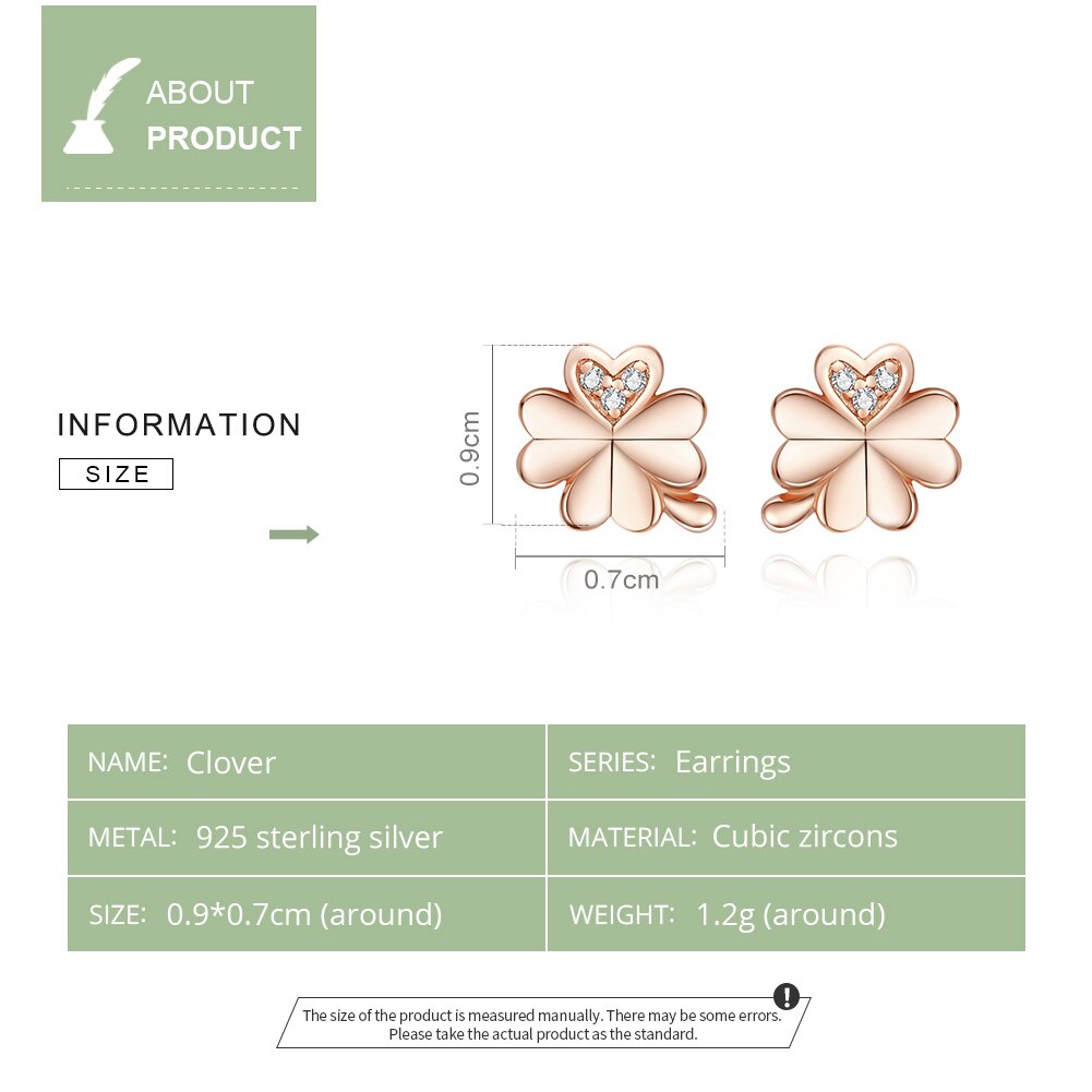 bamoer Four-Leaf Clovers Stud Earrings for Women Rose Gold Color 925 Sterling Silver Wedding Jewelry for Kid Anti-allergy BSE233