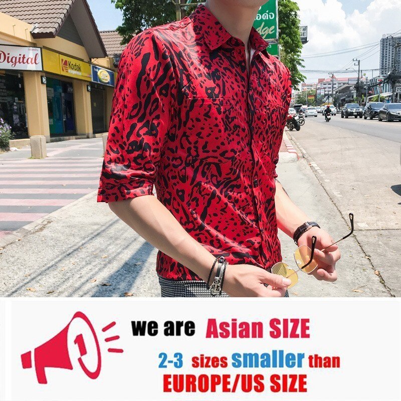 Camisa de leopardo para hombre, Camisa informal ajustada de media manga, Camisa roja para Club nocturno, ropa de calle para hombre, Camisa Social Masculina: Korean L