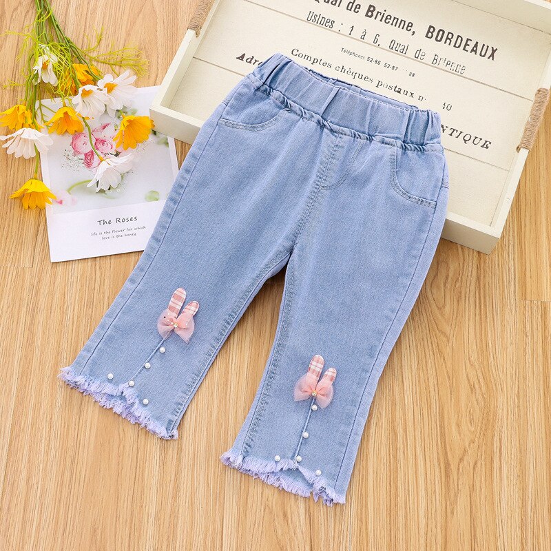 Girls Jeans 2022 Summer Clothes Children's Middle Pants Baby Girl Korean Version Loose Summer Thin Cropped Pants Jean: Rabbit / 5T 120cm