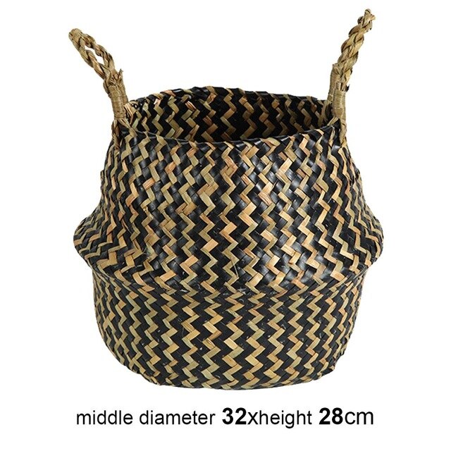Straw Handle Bag Plant Flower Pots Woven Handheld Toy Storage Basket Nursery Handmade Laundry Organizer Foldable: 32X28cm Color C