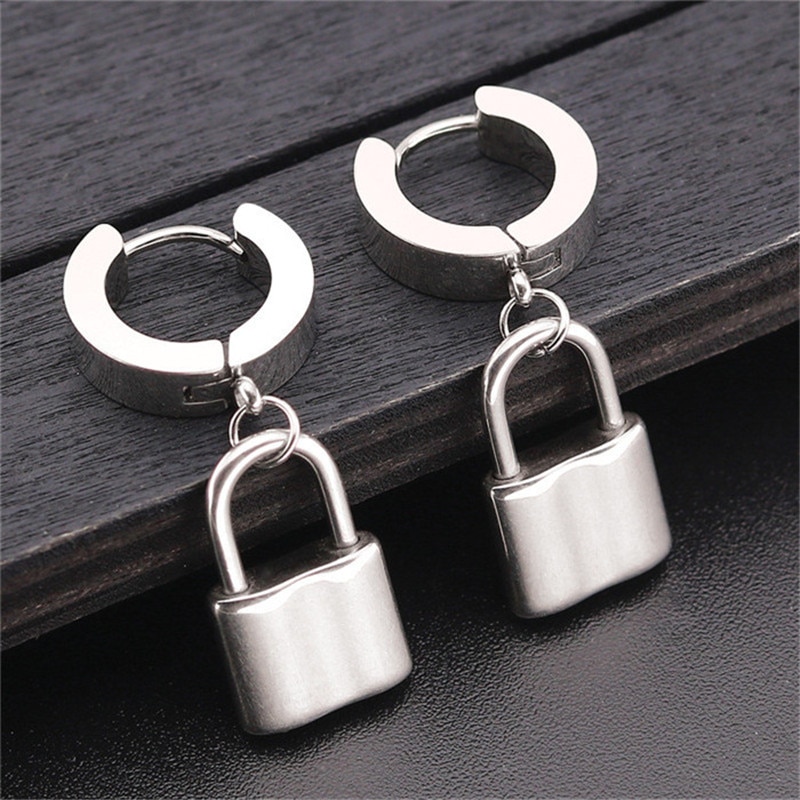 lock Shaped Stainless steel Stud Earrings For Women Punk Hip Hop Style Ear Jewelry Party 1 pair