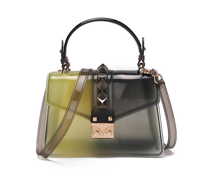 Clear Transparent saddle Bag Women rivet Jelly Bags Purse Panelled Color women Handbags sac a main femme Shoulder Bag: Yellow black