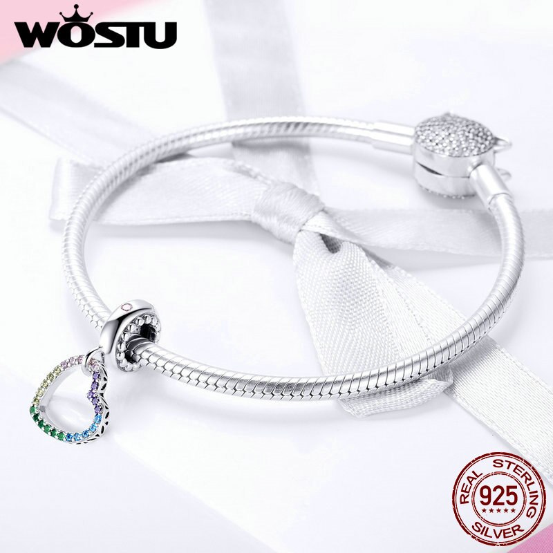 WOSTU-Colgante dijes de plata de ley auténtica con forma de corazón colgante dijes de arcoíris aptos para DIY, cuentas, pulsera, collar, joyería, para enamorados, FIC896