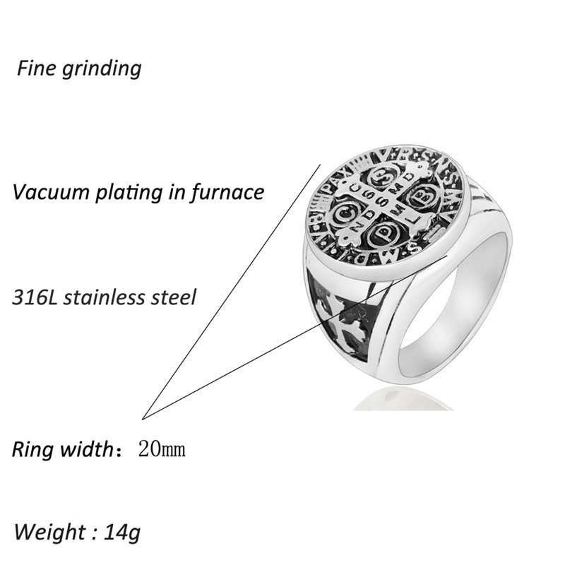 Stainless Steel Catholic Patron Saint St Benedict of Nursia Holy Medal Cross Ring Mens Punk Jewelry VRSNSMV SMQLIVB NDSMD CSSML