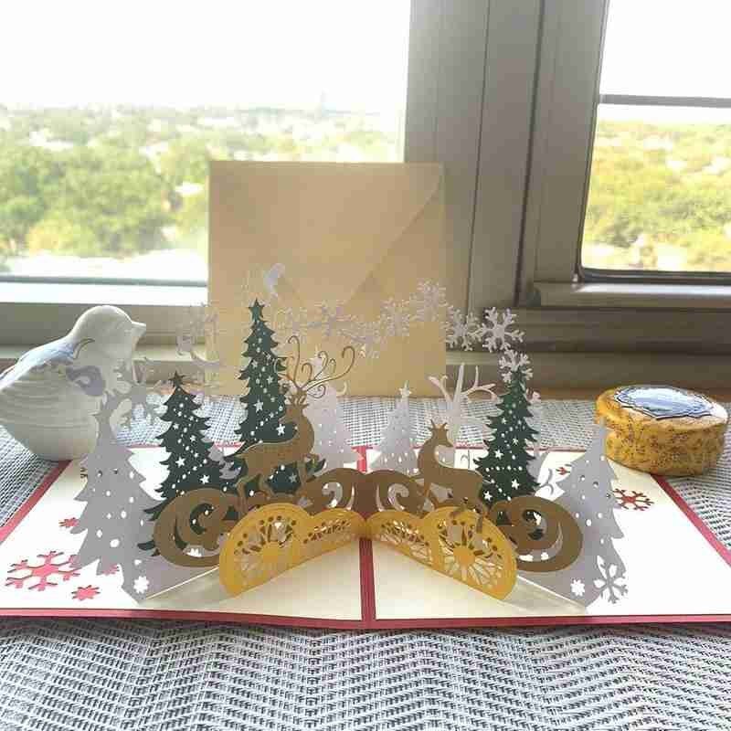 Kerst 3d Wenskaart Xmas Boom Handgemaakte Papier Sculptuur Elanden Zegen Kaart Navidad Thuis Party Tafel Decoratie