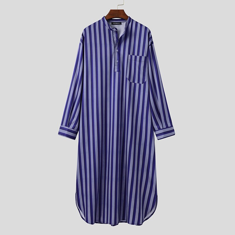 Men Striped Robes Sleepwear Stand Collar Long Sleeve Pockets Bathrobes Leisure Cozy Loose Mens Nightgowns Homewear S-5XL INCERUN: S