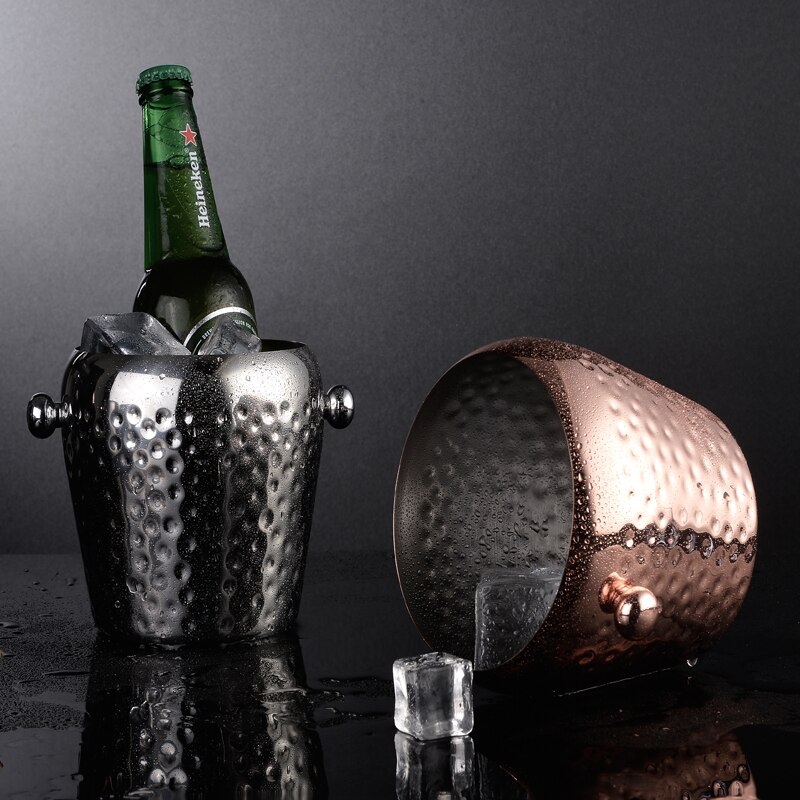 Ice Bucket Bar Stainless Steel Ice Container European-Style Wine Champagne Bucket Hammer Gold Ice Cube KTV Wine round Tube