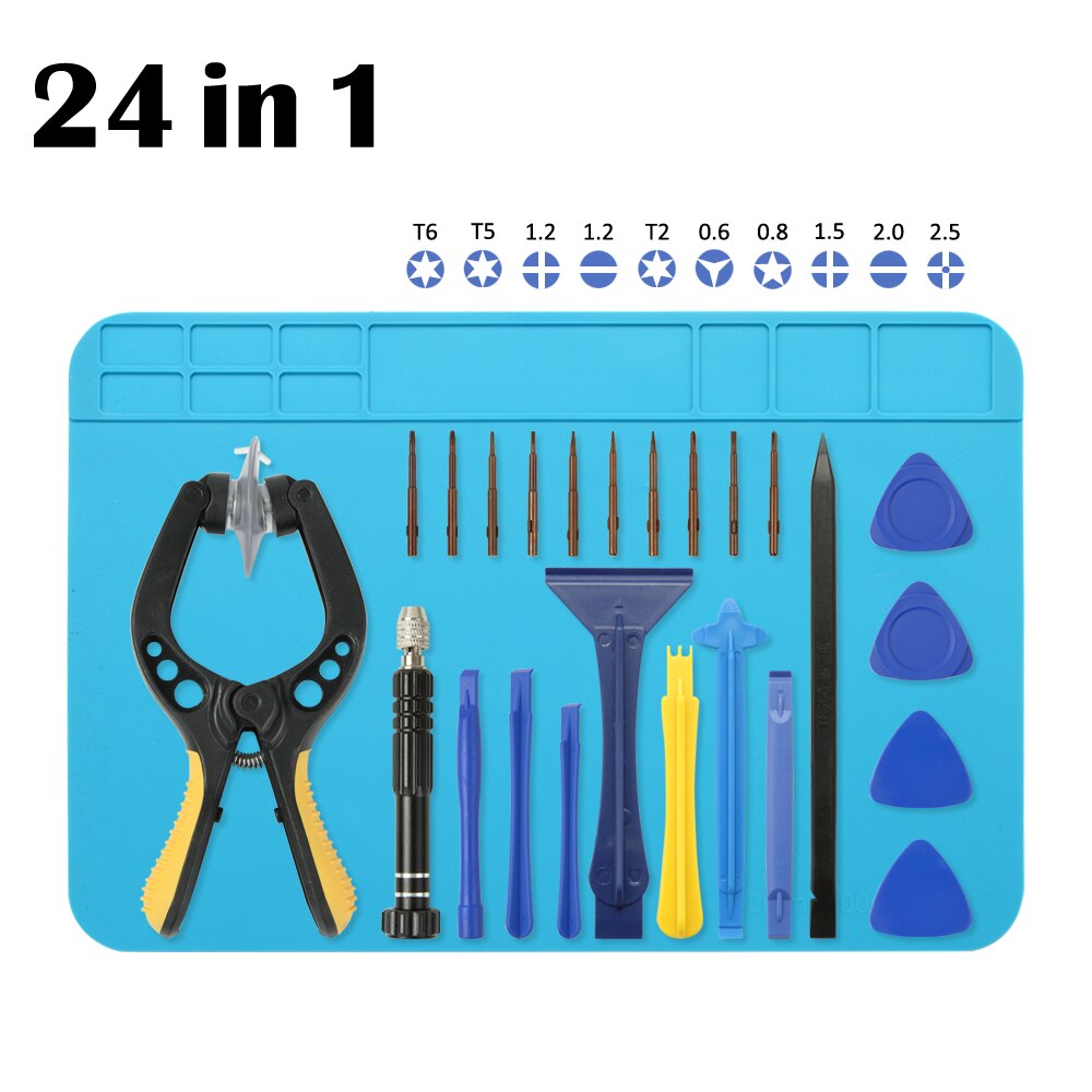 24 in 1 Suction Cup Sucker Pliers Spudger Pry Crowbar Shovel Blade Knife Torx Cross Screw Bolt Screwdriver Bit Soldering Pad Mat: 24 in 1