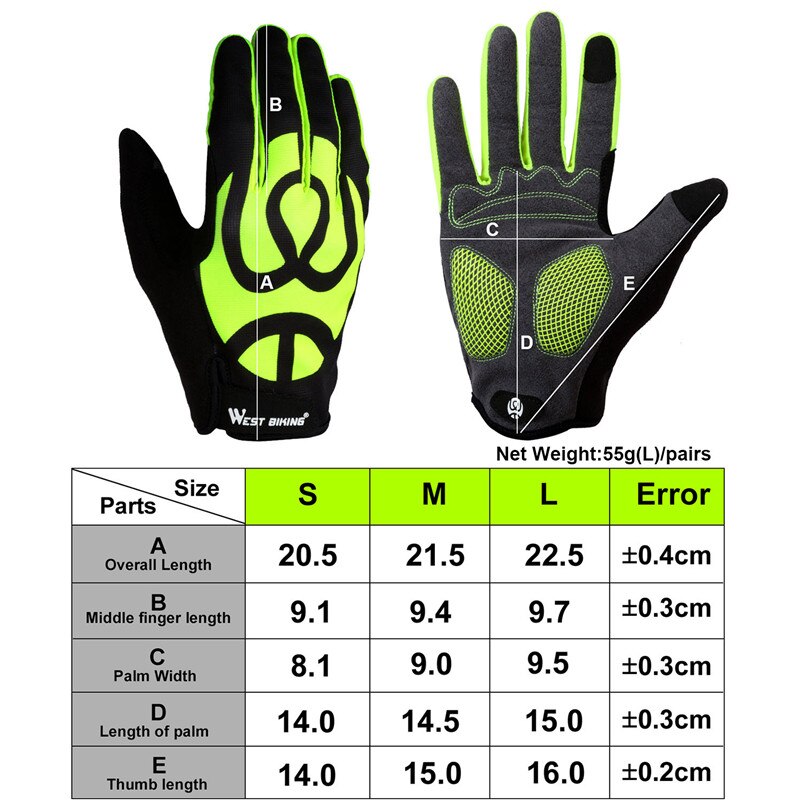 WEST BIKING Bicycle Glove Full Finger GEL Anti-Slip Touch Screen MTB Road Bike Men Women Outdoor Sport Breathable Cycling Gloves
