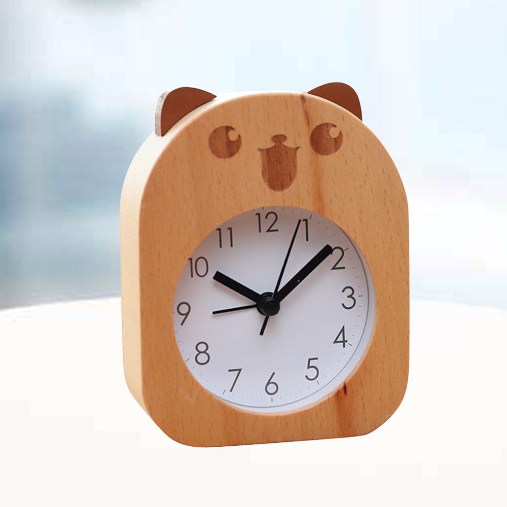 Beech Table Clock Bear Pattern Mute Alarm Clock Mechanical Clock for Student Worker without Battery