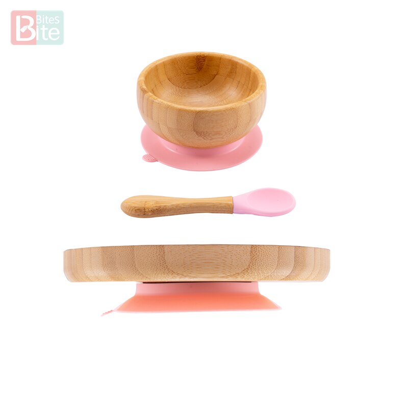 Bol en bambou d'alimentation pour bébé, cuillère anti-éclaboussures en Silicone assiettes à dîner pour bébé vaisselle pour nourrissons 3 pièces/ensemble: pink