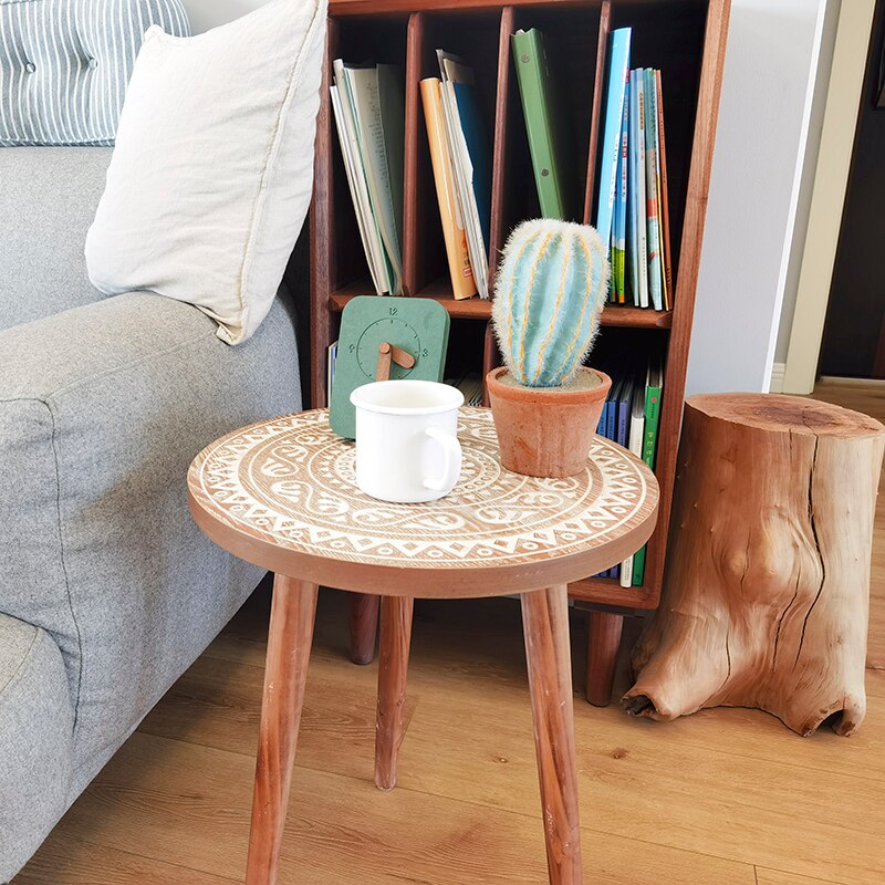 Moroccan Carved Style Round Side Table, Wooden End Table, Coffee Table,Nightstand/Small Tables for Living Room, Accent Tables