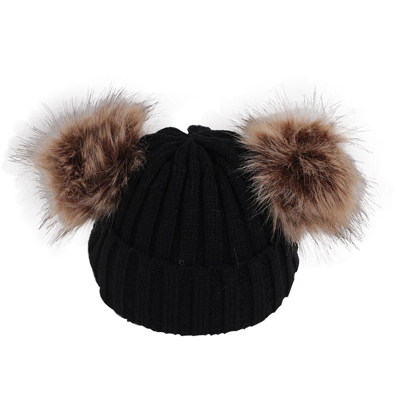 Winter Hüte Ohren Mädchen Jungen Deckel + Schal 2Stck freundlicher einstellen Baby warm Halten freundlicher betroffen Wolle Pelz Doppel Hütte Gestrickte Nette Kappe Schal einstellen: Schwarz Hut