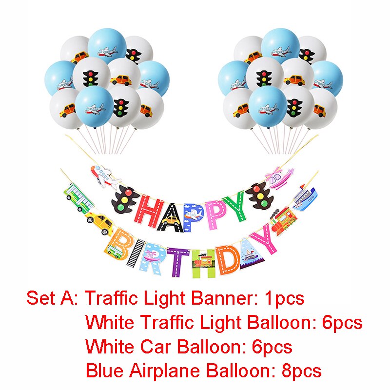 Conjunto de cartel de feliz cumpleaños para niños, Set de decoración de cumpleaños, avión, barco, transportador, guirnaldas de pancarta, globo, Temática de tráfico: Set A