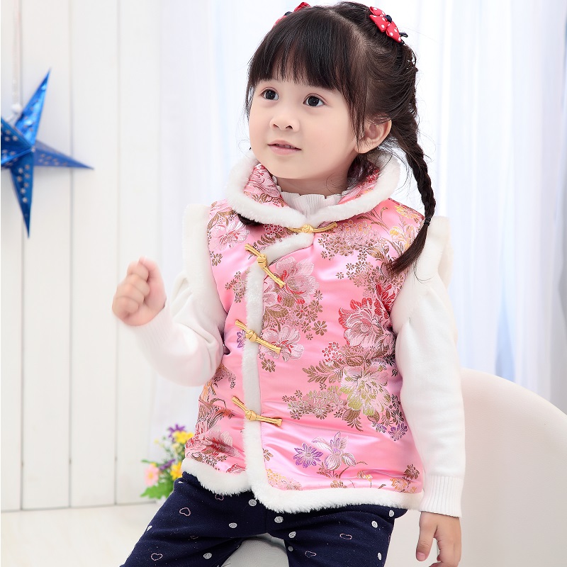 Roze Bloem Kinderen Vest Fleece Baby Meisje Vest Qipao Kleding Lente Festival Kid Jas Cheongsam Outfits Bovenkleding Tank Top