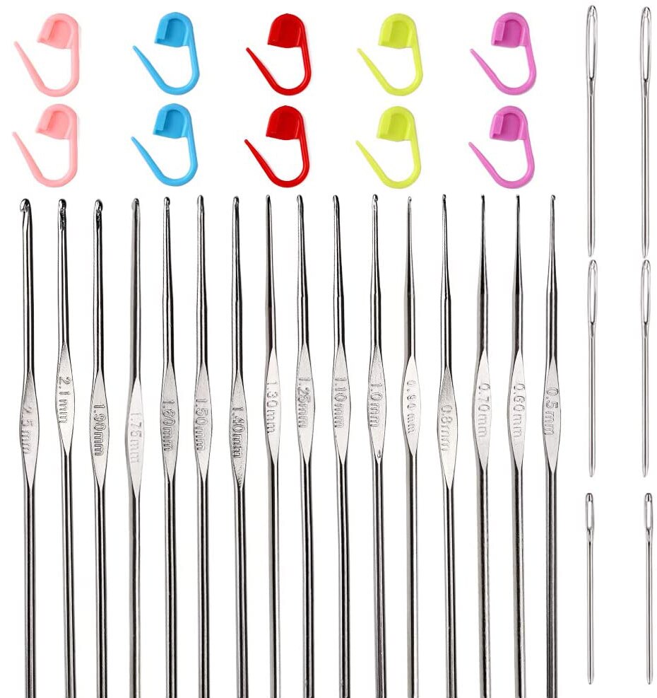 MIUSIE 16 PCS Lace Crochet Hooks Set, Aluminum Crochet Hooks Set with 6 PCS Large-Eye Blunt Needles and 10 PCS Stitch Markers