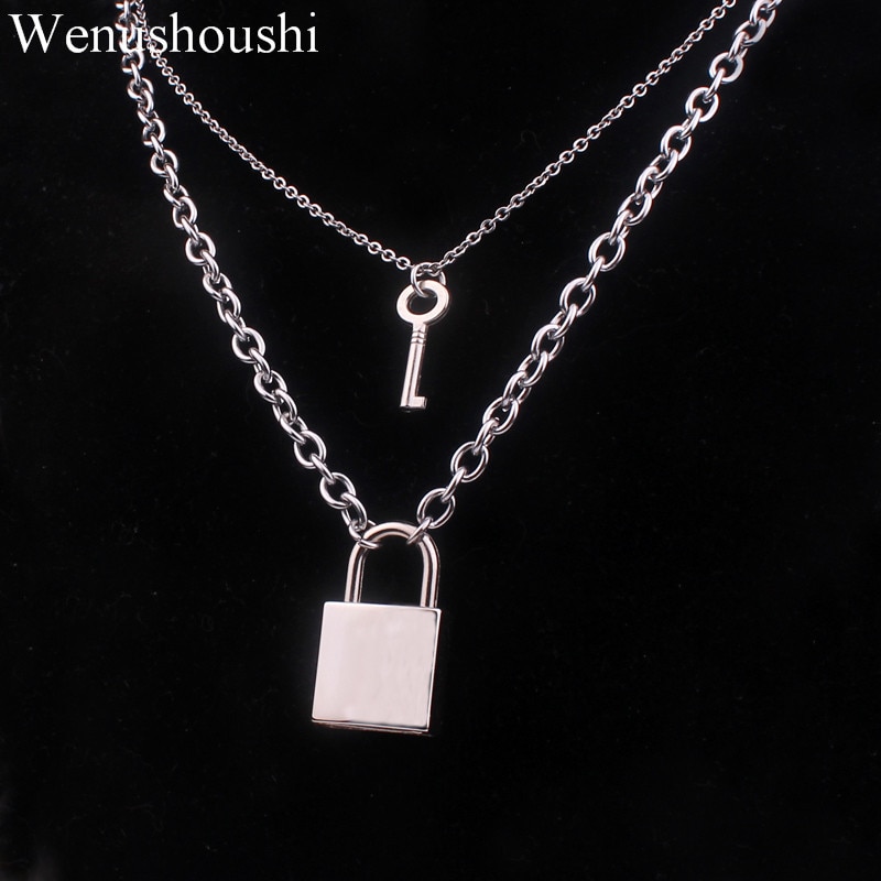 ( color do not fade ) stainless steel chains punk padlock necklaces for women rock hiphop key lock necklace men chic di112