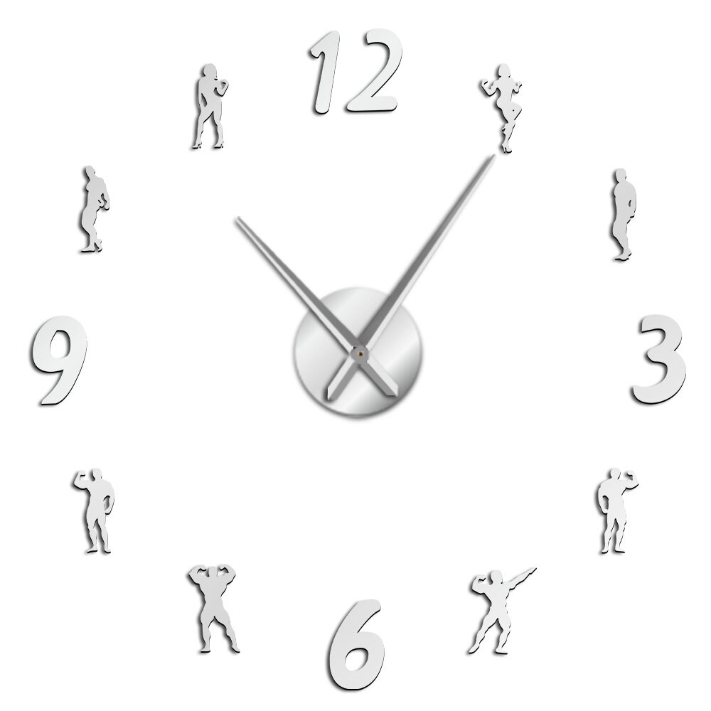 Reloj de pared grande para gimnasio, reloj de pared sin marco, habitación de Fitness moderna, 3D pegatina de pared, para entusiastas del reloj DIY para culturismo: Silver / 47 Inch