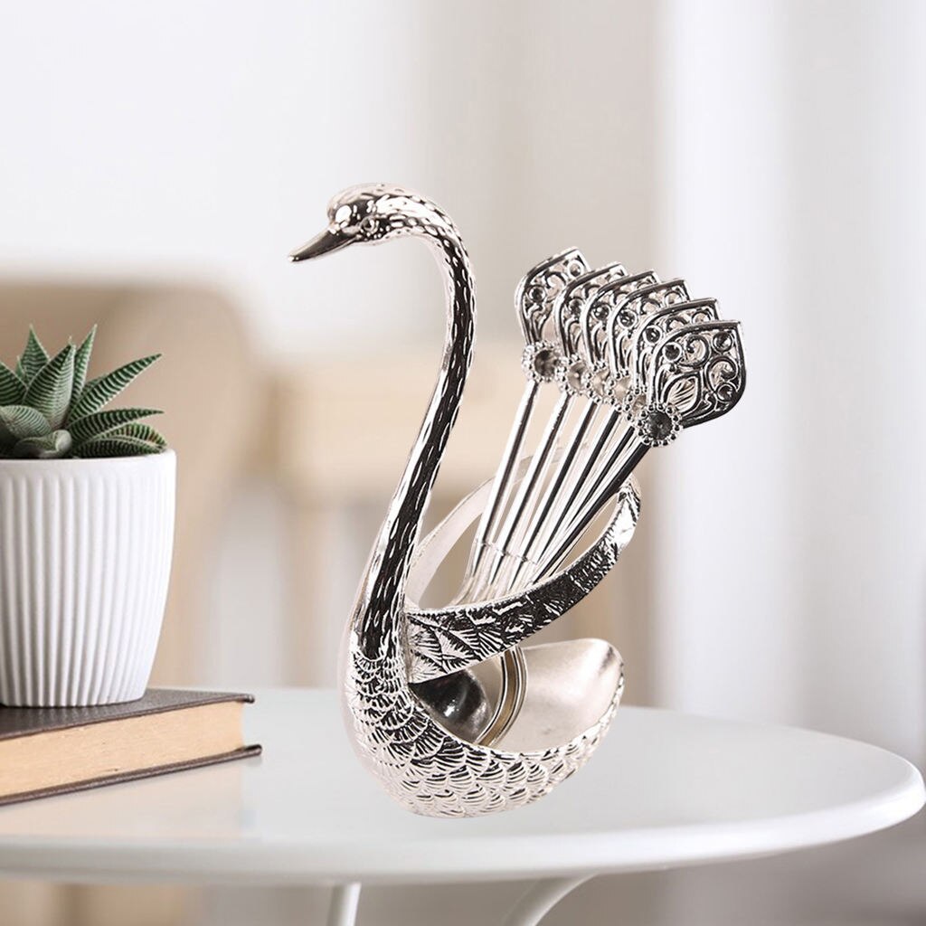 Stainless Steel Dinnerware Set Decorative Swan Base Holder with 6 Spoons for Coffee Fruit Dessert Stirring Mixing