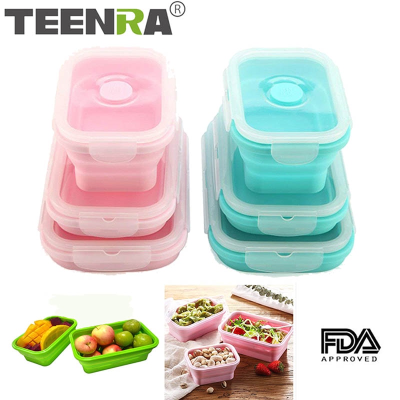 TEENRA Silicone Collapsible Lunch Box Set Silicone Food Container Storage folding Food Bento Lunch Box Microwave Dishwasher Safe