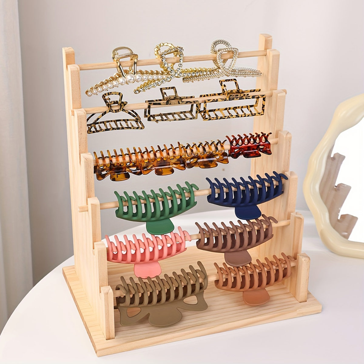 Estante de almacenamiento de pulseras de madera Vintage, estante de exhibición de cuentas escalonadas, estante de almacenamiento de joyas, pinza para el pelo y estante de exhibición de diadema