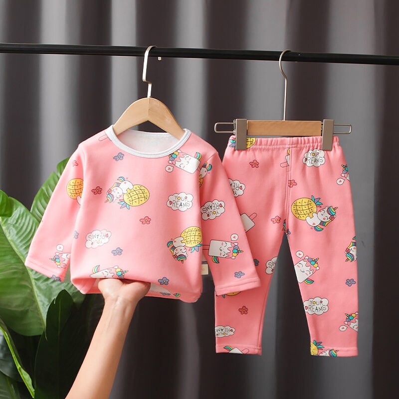 Crianças conjunto de roupa interior térmica crianças dos desenhos animados roupas outono inverno quente mais veludo espessado calças meninas camiseta calças pijama: HSY S XIAOMA PINK / 5