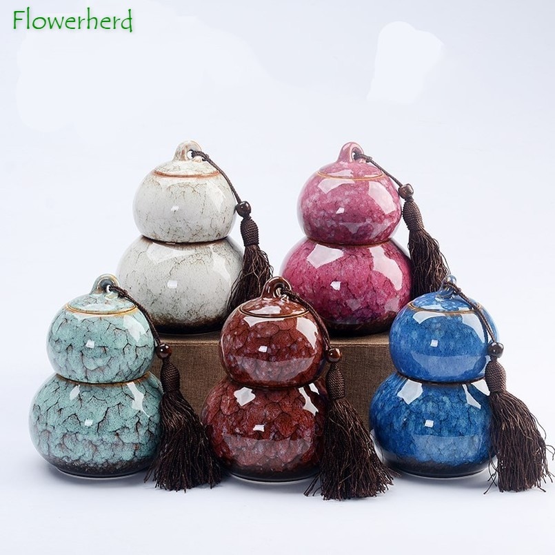 Gourd Ceramic Porcelain Tea Caddy Teaware Kiln Turned Pot Household Sealed Storage Pot Tea Storage Tea Container Tea Cans