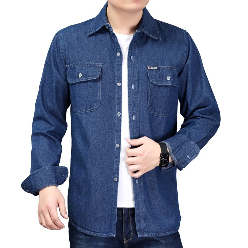 Cowboy skjorte herre forår denim bluse lange ærmer herre plus størrelse solid blå bomuld work casual skjorter til mænd dress shirt