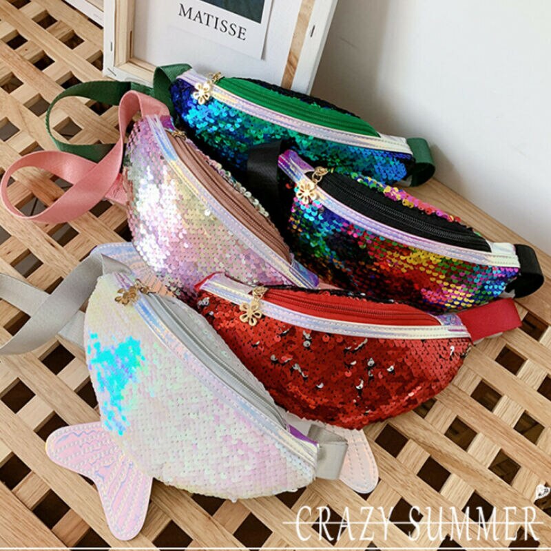 Leuke kind meisje taille tas pailletten glitter mermaid heuptasje mode kid bag purse heuptas