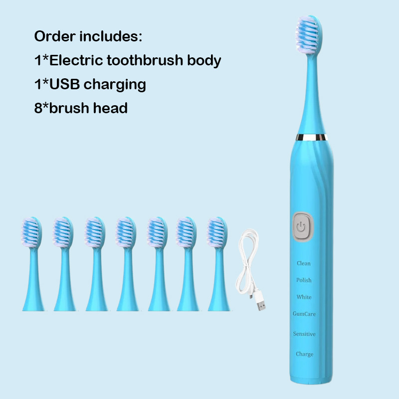 Cepillo de dientes eléctrico, vibrador ultrasónico, blanqueamiento dental, carga rápida por USB, cepillo de dientes sónico recargable, resistente al agua IPX7: Azul