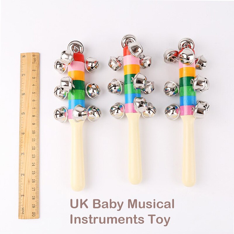 1 pc Wooden Stick 10 Jingle Bells Rainbow Hand Shake Bell Rattles Baby Kids Children Educational Toy