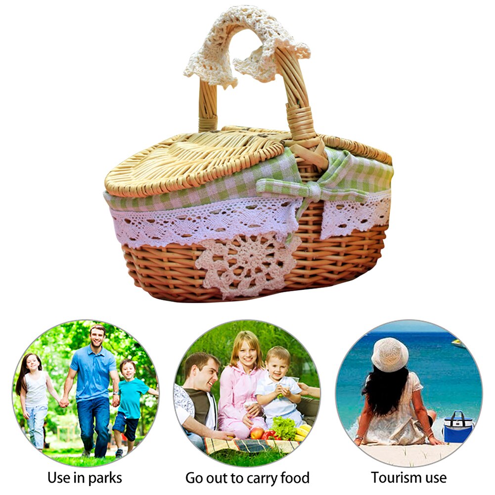 Handmade Small Picnic Wicker Basket with Handle Double-Lid Lining Outdoor Camping Rattan Weaving Fruits Food Storage Hamper