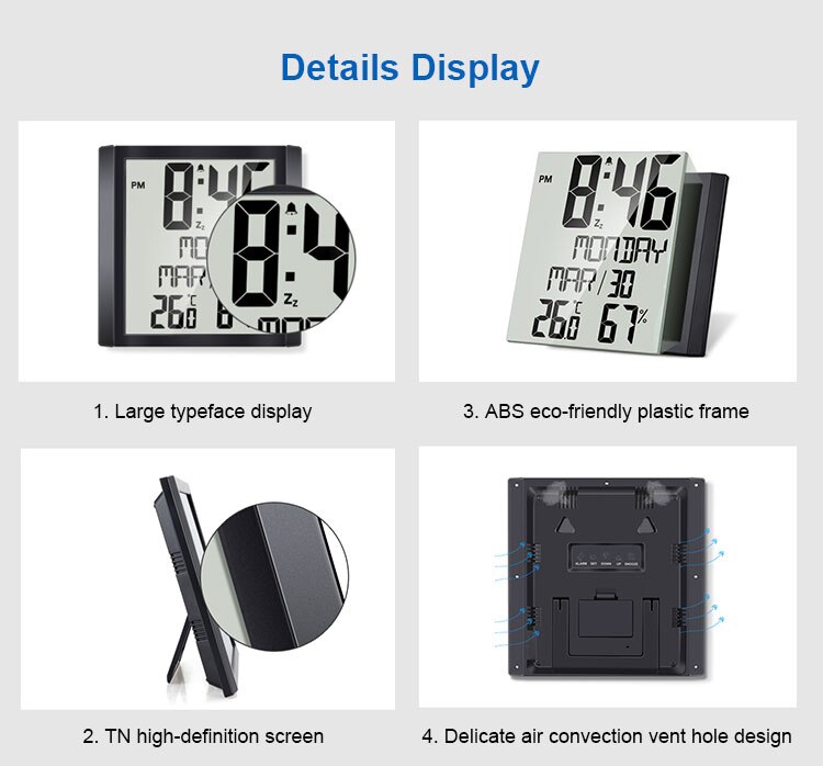 Digital Clock Temperature Humidity Meter Calendar Display Desktop Table Clock Mute Snooze Mode Alarm Clock Wall Clocks
