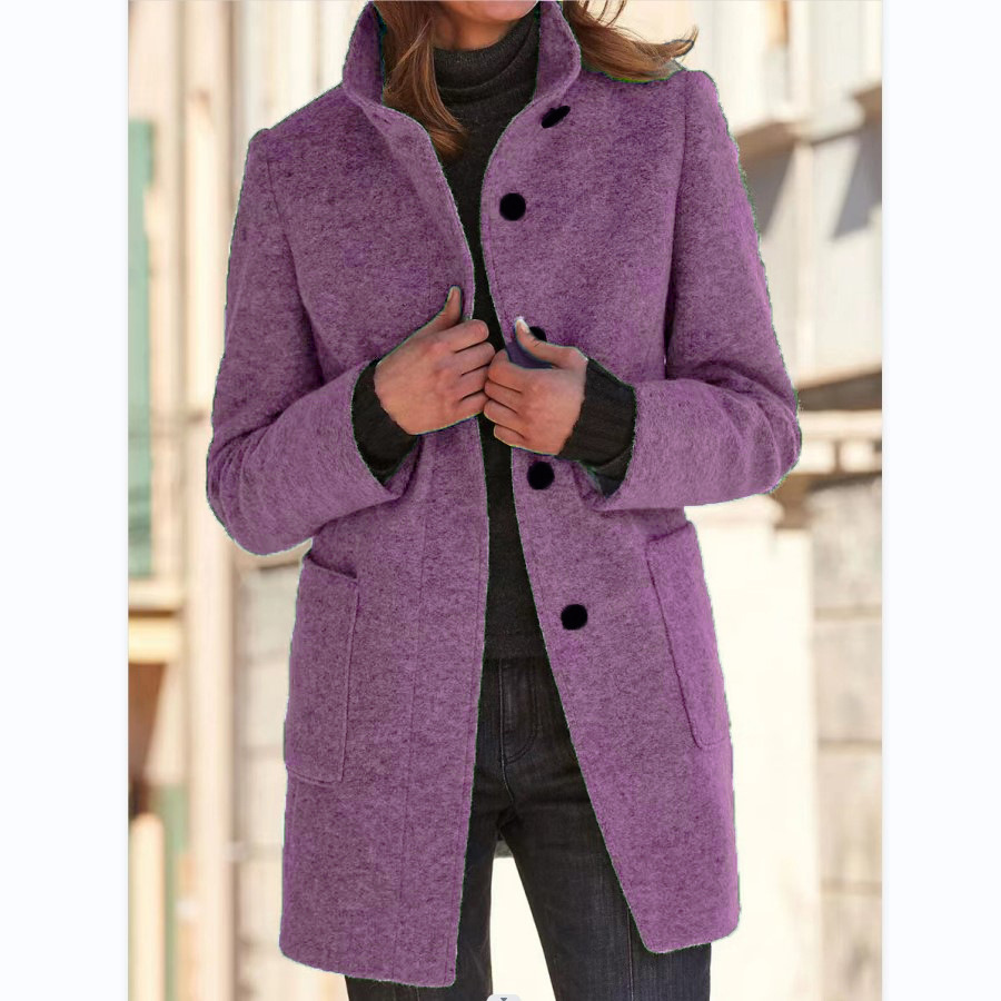 Retro wollen jas met knoopsluiting en opstaande kraag voor dames, perfect voor de herfst en winter.