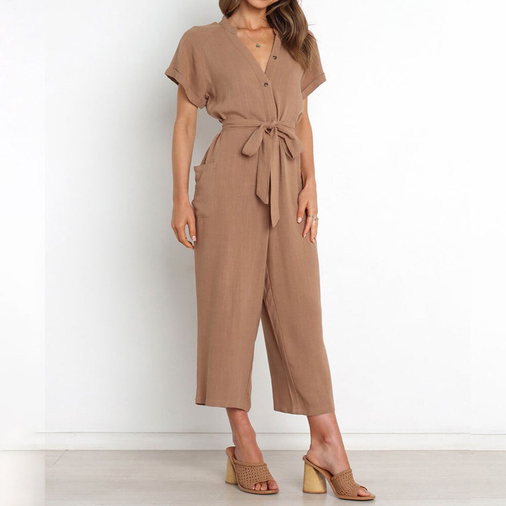 Women's Summer Jumpsuit Short Sleeve V Neck Loose Fit Tie Waist Overall Pants Woman's Costume with Pockets Wide Leg: Khaki / XL