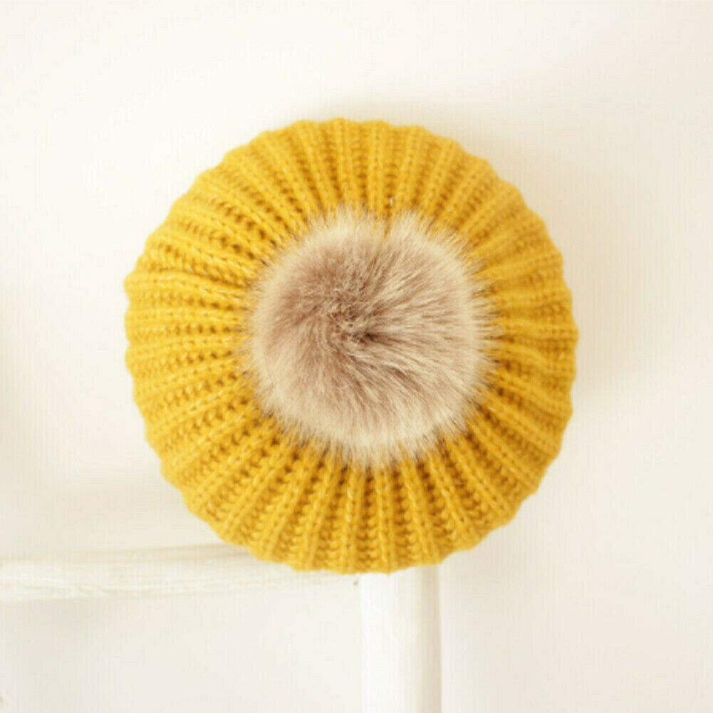 Baby børn dreng pige strikket baret hat kasket bløde pom bolde vinter forår varme hatte beanie: Gul